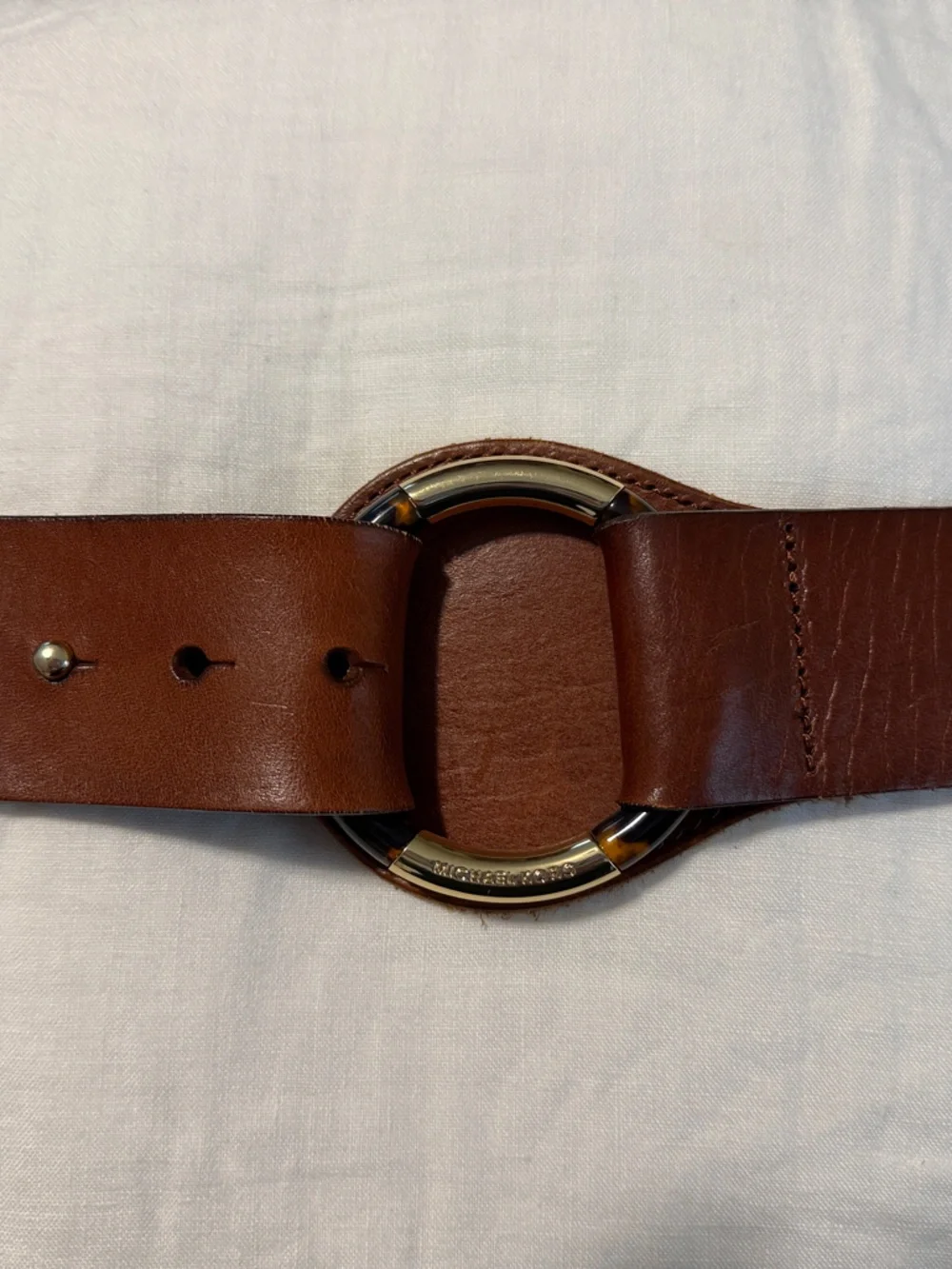 Michael Kors Brown Leather Belt with Gold and Tortoise Ring Buckle